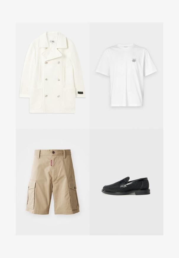 White double-breasted coat with large lapels, two front pockets, and silver-tone buttons, featuring a smooth texture and tailored design.; White t-shirt made of cotton featuring short sleeves, a crew neck, and a small gray logo on the left chest area. Smooth texture.; Beige cargo shorts made of cotton blend, featuring two side pockets, a button closure, and a red label sewn on the front.; Black woven slip-on shoe with a smooth leather accent on the upper, a round toe design, and a low-profile rubber sole.