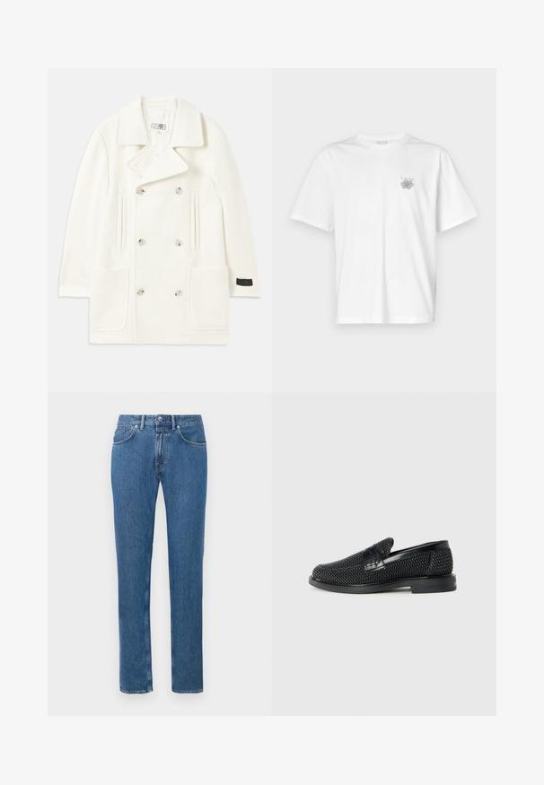 Balts divrindas mētelis ar lieliem klājējiem, divām priekšējām kabatām un sudraba toņa pogām, ar gludu tekstūru un pielāgotu dizainu.; Baltas kokvilnas T-krekls ar īsām piedurknēm, apaļu dekoltē un mazu pelēku logo kreisajā krūšu daļā. Gluda tekstūra.; Zili augstās vidukļa taisnās kājas džinsi ar priekšējo pogu un rāvējslēdzēju, pieci kabatas un jostas cilpas, izlikti uz baltas fona.; Melnas austas slaidu kurpes ar gludu ādas akcentu augšpusē, apaļas formas purngalu un zemas profila gumijas zoli.