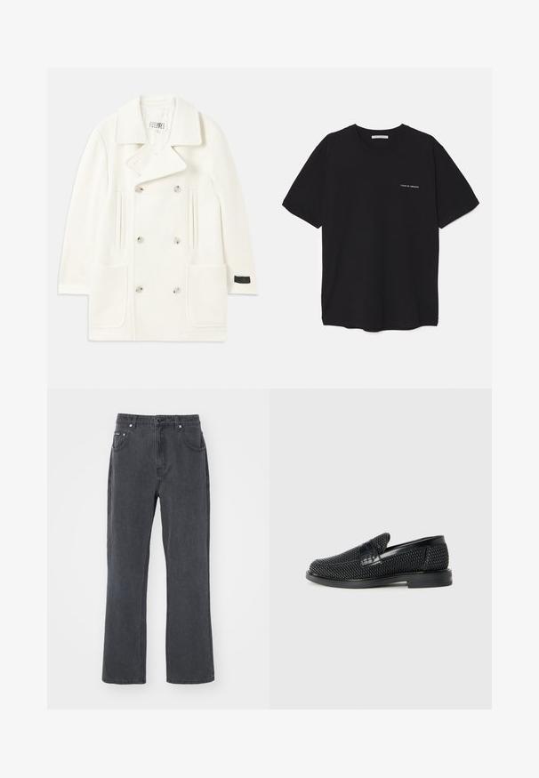 Fehér, dupla gombos kabát nagy hajtókákkal, két elülső zsebbel és ezüst színű gombokkal, sima textúrával és testre szabott dizájnnal.; Fekete pamut T-shirt kerek nyakkivágással, rövid ujjakkal, és fehér logónyomattal a bal mellrészen. Egyszerű, egyszínű dizájn.; Sötét szürke farmernadrág, egyenes szárú fazonnal, öt zsebes kialakítással és fém gombos zárással. Puha tapintás és minimális részletezés.; Fekete szőtt slip-on cipő sima bőr díszítéssel a felsőrészen, kerek orral és alacsony profilos gumitalppal.