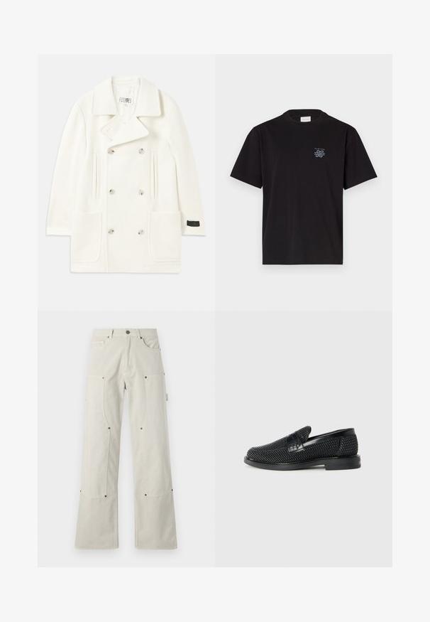 Valge topeltkootud mantel suurte kraedega, kahe eesmine taskuga ja hõbedaste nuppudega, millel on sile tekstuur ja kohandatud disain.; Must mustaga T-särk, millel on ümar kaelus ja lühikesed varrukad. Vasakul rinnal on väike sinine logo. Lihtne, sirge lõikega disain.; Laiad, heledast beežist puuvillast püksid, millel on sile tekstuur, mis sisaldavad paigaldustaskuid ja metallist aktsente.; Must musta kootud slip-on king, millel on pehme nahast accent ülaserval, ümmargune varvas ja madal profiiliga kummitald.