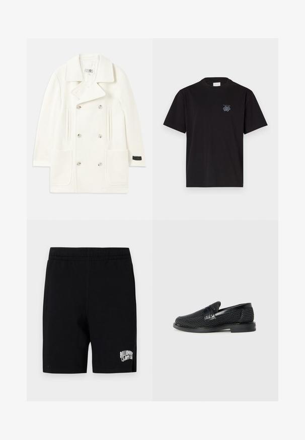 Balta dvigubai sagta striukė su dideliais apykaklėmis, dviem priekinėmis kišenėmis ir sidabro spalvos sagomis, turinti lygų paviršių ir pritaikytą dizainą.; Juodas medvilninis marškinėliai su apvalia kaklo iškirpte ir trumpomis rankovėmis. Yra mažas mėlynas logotipas ant kairiojo krūtinės. Paprastas, tiesus kirpimas.; Juodi šortai, pagaminti iš švelnaus medvilnės mišinio, su elastine juosta, su balta logotipu kairėje kojoje ir šoninėmis kišenėmis.; Juodas pintas slip-on tipo batelis su lygiu odiniu akcentu viršuje, apvalios nosies dizainas ir žemas guminis padas.