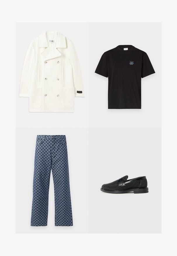 Valge topeltkootud mantel suurte kraedega, kahe eesmine taskuga ja hõbedaste nuppudega, millel on sile tekstuur ja kohandatud disain.; Must mustaga T-särk, millel on ümar kaelus ja lühikesed varrukad. Vasakul rinnal on väike sinine logo. Lihtne, sirge lõikega disain.; Sinine denimitest teksad, millel on korduv geomeetriline muster, viis taskut, nööpkinnitus ja laienev jala disain.; Must musta kootud slip-on king, millel on pehme nahast accent ülaserval, ümmargune varvas ja madal profiiliga kummitald.