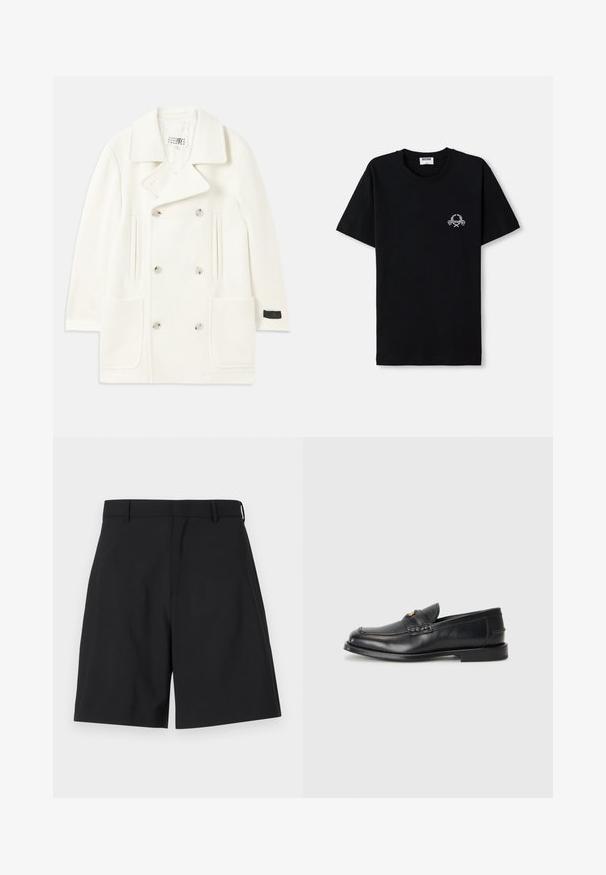 Biały podwójnie zapięty płaszcz z dużymi klapami, dwoma przednimi kieszeniami i srebrnymi guzikami, charakteryzujący się gładką teksturą i dopasowanym krojem.; Czarna bawełniana koszulka z okrągłym dekoltem. Posiada mały, biały wzór graficzny na klatce piersiowej. Krótkie rękawy i prosty dół.; Czarne szorty wykonane z gładkiego materiału o dopasowanym kroju, z płaskim przodem i dwoma bocznymi kieszeniami oraz standardowym pasem.; Czarne skórzane mokasyny mają okrągły nos, przeszycia oraz mały złoty akcent z przodu. Podeszwa jest płaska i dyskretna.