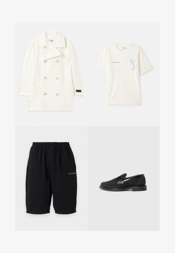 Biely dvojradový kabát s veľkými klopami, dvoma prednými vreckami a striebornými gombíkmi, s hladkou textúrou a prispôsobeným strihom.; Biely bavlnený tričko s krátkymi rukávmi, s nápisom "United By Rhythm" v čiernej a modrej grafike na hrudi. S okrúhlym výstrihom.; Čierne bavlnené šortky s elastickým pásom, rovného strihu a bočnými vreckami. Na prednej strane je vyšitý nápis "No Problemo" v oranžovej farbe.; Čierne tkané slip-on topánky s hladkým koženým akcentom na vrchnej časti, s okrúlym dizajnom špičky a nízkoprofilovou gumovou podrážkou.