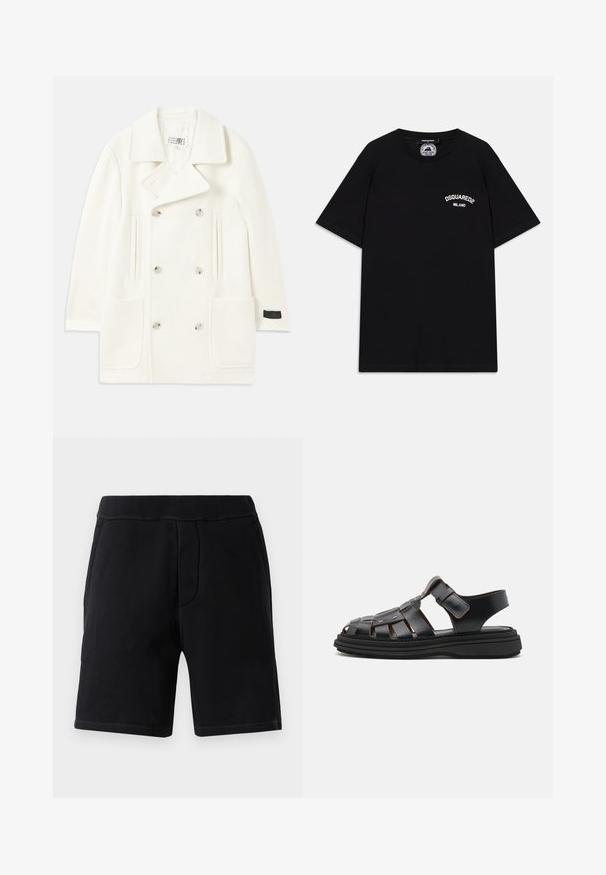 White double-breasted coat with large lapels, two front pockets, and silver-tone buttons, featuring a smooth texture and tailored design.; Black cotton T-shirt with short sleeves, featuring white "DSQUARED2 MILANO" logo on the chest. Crew neck design, smooth texture.; Black athletic shorts made of soft material; features an elastic waistband, two side pockets, and contrasting stitching.; Black leather sandals with a woven design, featuring adjustable straps, metallic accents, and a thick black sole for stability.