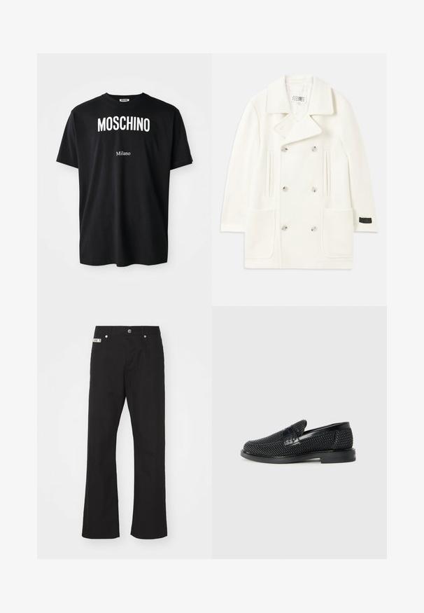Bílý dvouřadý kabát s velkými klopami, dvěma předními kapsami a stříbrnými knoflíky, který se vyznačuje hladkou texturou a upraveným střihem.; Černé bavlněné tričko s kulatým výstřihem. Vyznačuje se výrazným bílým textem: "MOSCHINO" nahoře a "Milano" dole. Jednoduchý, klasický design.; Černé bavlněné kalhoty s rovnými nohavicemi, s předním zapínáním na knoflík, dvěma bočními kapsami a malou značkovou nášivkou na pásku.; Černé pletené nazouvací boty s hladkým koženým akcentem na svršku, kulatou špičkou a nízkoprofilovou gumovou podrážkou.
