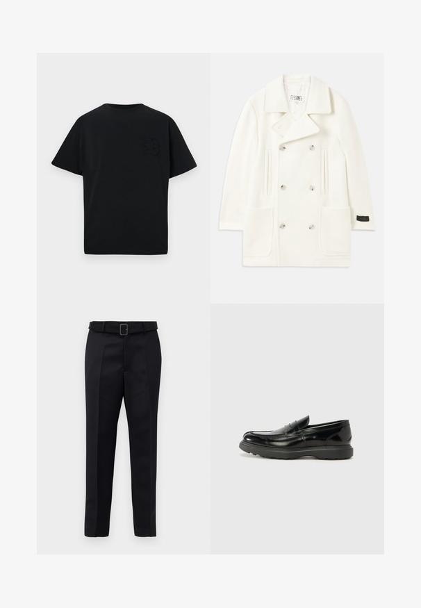Fehér, dupla gombos kabát nagy hajtókákkal, két elülső zsebbel és ezüst színű gombokkal, sima textúrával és testre szabott dizájnnal.; Fekete póló laza szabással, rövid ujjal, és egy diszkrét, domború "B" betűvel a bal mellen. Simogatós pamut anyagból készült.; A fekete, szabott nadrág sima anyagból készült, egyenes szabású, és övvel rendelkezik, amelynek téglalap alakú csatja van. A figyelemre méltó elülső redők fokozzák a dizájnt.; Fekete bőr loafer, fényes felülettel, kerek orral, diszkrét varrási részletekkel és vastag gumitalppal a tartósság érdekében.
