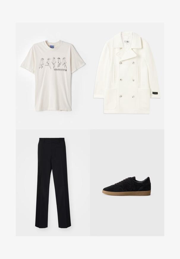 Weißer doppelt knöpfbarer Mantel mit großen Revers, zwei Fronttaschen und silberfarbenen Knöpfen, der eine glatte Textur und eine maßgeschneiderte Passform aufweist.; Cremfarbene Baumwoll-T-Shirt mit kurzen Ärmeln, mit einem schwarzen abstrakten Design und dem Text "KIDSUPER STUDIOS" in der Mitte.; Schwarze, maßgeschneiderte Hose mit weitem Bein, ausgestattet mit einer glatten Textur und scharfen Falten, gefertigt aus einem gewebten Stoff.; Schwarze Wildledersneaker mit strukturierter Oberfläche, einem markanten gebogenen Logo, grauen Schnürsenkeln und einer hellbraunen Gummisohle.