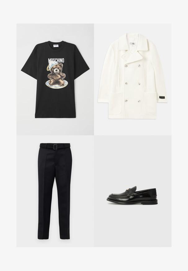 Bílý dvouřadý kabát s velkými klopami, dvěma předními kapsami a stříbrnými knoflíky, který se vyznačuje hladkou texturou a upraveným střihem.; Černé bavlněné tričko s grafikou medvěda, který má na sobě modro-bílou čepici, a s textem "Moschino" nad designem. Krátké rukávy, uvolněný střih.; Černé oblekové kalhoty mají hladkou tkaninu, rovný střih a pas s opaskem a obdélníkovou sponou. Výrazné přední záhyby zvýrazňují design.; Černé kožené mokasíny s kulatou špičkou, ozdobným prošíváním a malým předním klopem. Plná gumová podrážka s minimálním podpatkem.