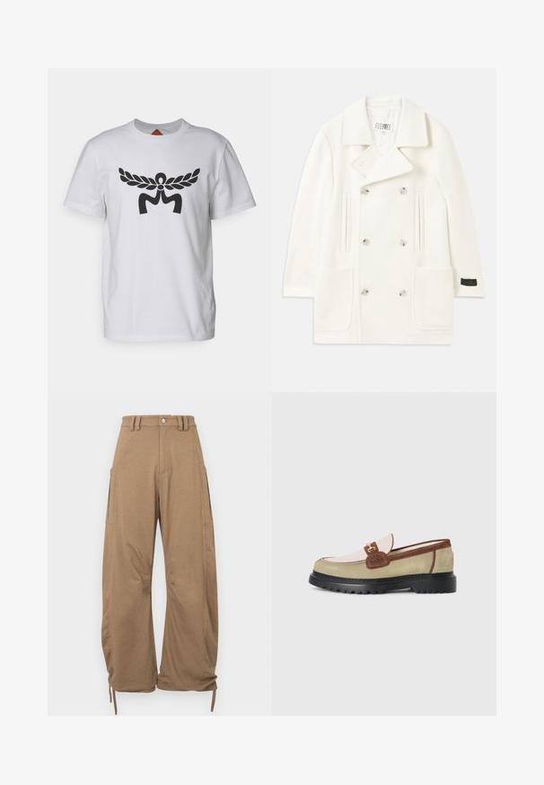 Bílý dvouřadý kabát s velkými klopami, dvěma předními kapsami a stříbrnými knoflíky, který se vyznačuje hladkou texturou a upraveným střihem.; Bílá bavlněná tričko má uprostřed velký černý grafický design, který připomíná křídla a stylizované písmeno "M". Krátké rukávy, kulatý výstřih.; Cargo kalhoty ze světle hnědé látky, s dvěma bočními kapsami, volným střihem, stahovacími lemy a zapínáním na knoflík v pase.; Mokasíny s béžovými, světle růžovými a hnědými semišovými panely, zlatou kovovou přezkou a silnou černou gumovou podrážkou s dezénem.