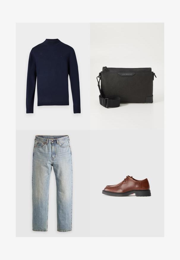 Zwarte gewatteerde jas, gestikt ontwerp met horizontale naden, hoge kraag, verstelbare trekkoorden en geribbelde manchetten. Zachte matte textuur.; Navy gebreide trui met een hoge hals, lange mouwen en geribde manchetten. Voorzien van een subtiele merklogo op de borst. Soepele textuur.; Lichtblauwe denim jeans met hoge taille, frontknop, rits en vijfzakkenontwerp, plat gelegd op een neutrale achtergrond.; Bruine leren dresschoen met een ronde neus, contrasterende stiksels, vetersluiting en een gestructureerde zwarte rubberen zool.; Zwarte leren schoudertas met een getextureerd oppervlak, voorzien van een ritssluiting en een verstelbare schouderband. Logo label aan de voorkant. Rectangulaire vorm.