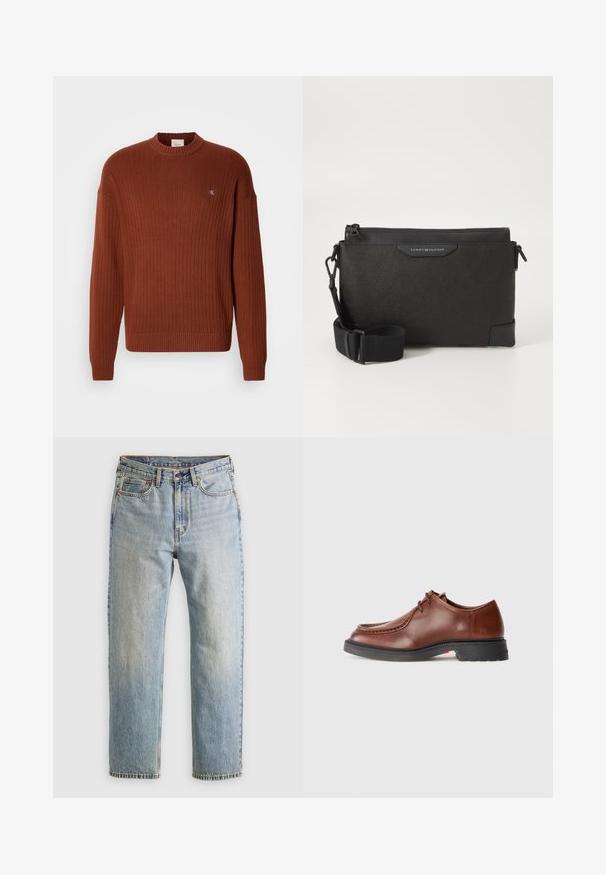 Black puffer jacket, quilted design with horizontal seams, high collar, adjustable drawstrings, and ribbed cuffs. Soft matte texture.; Rust-colored ribbed sweater with a round neck, featuring a small logo on the chest and a relaxed fit. Made from a textured knit material.; Light blue denim jeans with high waist, front button, zipper, and five-pocket design, laid flat on a neutral background.; Brown leather dress shoe with a rounded toe, contrasting stitching, lace-up design, and a textured black rubber sole.; Black leather crossbody bag with a textured finish, featuring a zip closure and adjustable strap. Logo patch on the front. Rectangular shape.