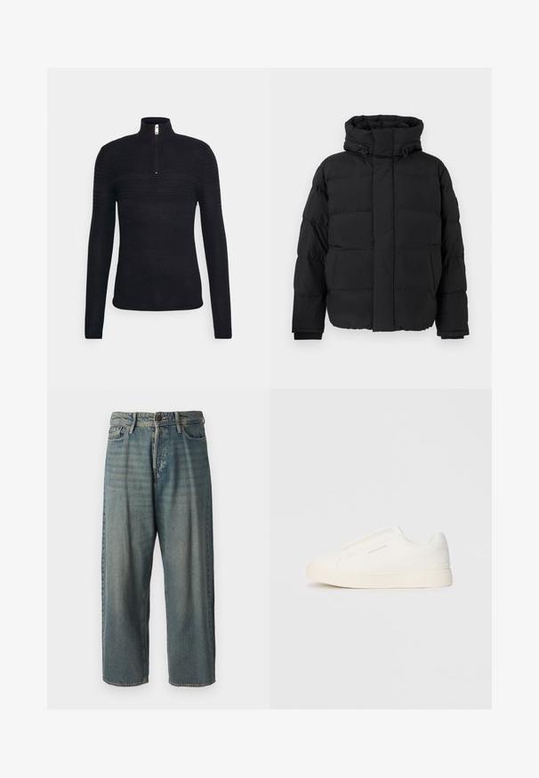 Casaco puffer preto, design acolchoado com costuras horizontais, gola alta, cordões ajustáveis e punhos canelados. Textura mate suave.; Only & Sons ONSBLADE HALF ZIP - Camisola - dark navy; Jeans de ganga azul claro com um corte solto, cintura média e pernas retas. Apresenta cinco bolsos, passadores de cinto e fecho com botão.; Sapatilhas brancas de atacar com uma superfície texturizada, sola grossa e design minimalista. Possui o logo da marca na lateral.