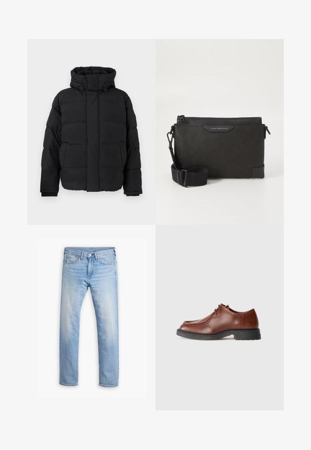 Czarna kurtka puchowa, pikowana konstrukcja z poziomymi szwami, wysoki kołnierz, regulowane sznurki i ściągacze na mankietach. Miękka matowa faktura.; Bordowa koszula z długim rękawem, wykonana z bawełny, z kołnierzykiem zapinanym na guziki, guziki z przodu oraz małym logo na piersi.; Jasnoniebieskie dżinsy z prostym krojem, pięcioma kieszeniami i zapięciem na guziki. Charakteryzują się delikatnym wyblaknięciem i pomarańczowymi przeszyciami.; Brązowe skórzane buty wizytowe z okrągłym noskiem, kontrastowym przeszyciem, sznurowanym zapięciem oraz teksturowaną czarną gumową podeszwą.; Czarna skórzana torba na ramię o teksturowanym wykończeniu, z zamkiem błyskawicznym i regulowanym paskiem. Naszywka z logo z przodu. Prostokątny kształt.
