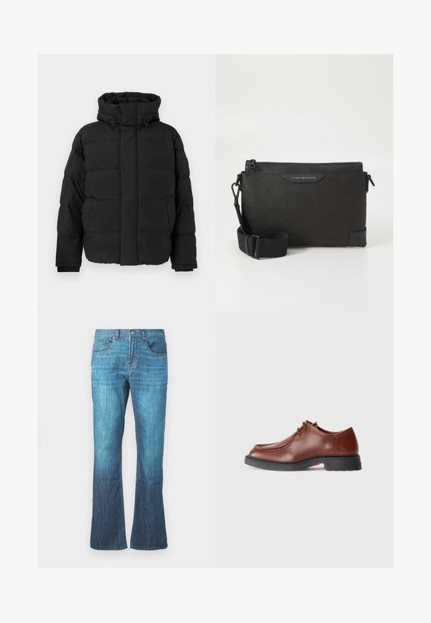 Black puffer jacket, quilted design with horizontal seams, high collar, adjustable drawstrings, and ribbed cuffs. Soft matte texture.; Burgundy long-sleeve shirt made of cotton, featuring a button-down collar, front button closure, and a small logo on the chest.; Mid-blue wash denim jeans with a slight flare at the bottom, classic five-pocket design, and front button and zipper closure.; Brown leather dress shoe with a rounded toe, contrasting stitching, lace-up design, and a textured black rubber sole.; Black leather crossbody bag with a textured finish, featuring a zip closure and adjustable strap. Logo patch on the front. Rectangular shape.