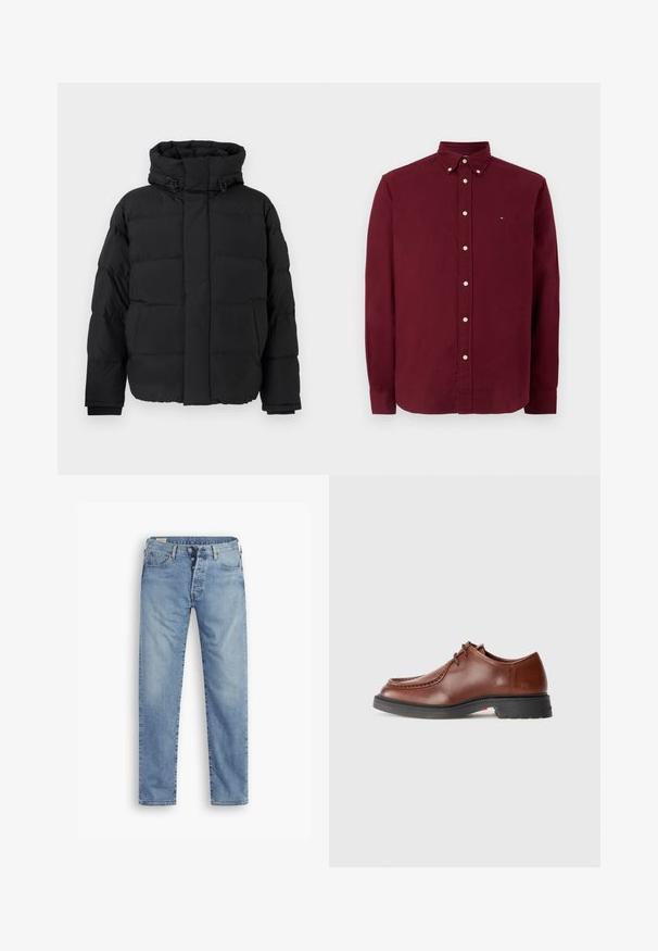 Svart puffjakke med quiltet design og horisontale sømmer, høy krage, justerbare snorer og ribbestrikkede mansjetter. Myk, matt tekstur.; Burgunderfarget langermet skjorte laget av bomull, med krage med knapper, knappestolpe foran og en liten logo på brystet.; Lyseblå denimjeans med rett snitt. Har knappestolpe, fem lommer og en lett falmet tekstur.; Brune lærdressko med rund tå, kontrasterende sting, snøredesign og en teksturert svart gummisåle.