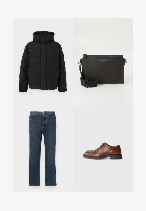 Black puffer jacket, quilted design with horizontal seams, high collar, adjustable drawstrings, and ribbed cuffs. Soft matte texture.; Burgundy long-sleeve shirt made of cotton, featuring a button-down collar, front button closure, and a small logo on the chest.; Dark blue denim jeans with a straight fit, five pockets, a button closure, and visible stitching. Material is textured with a classic design.; Brown leather dress shoe with a rounded toe, contrasting stitching, lace-up design, and a textured black rubber sole.; Black leather crossbody bag with a textured finish, featuring a zip closure and adjustable strap. Logo patch on the front. Rectangular shape.