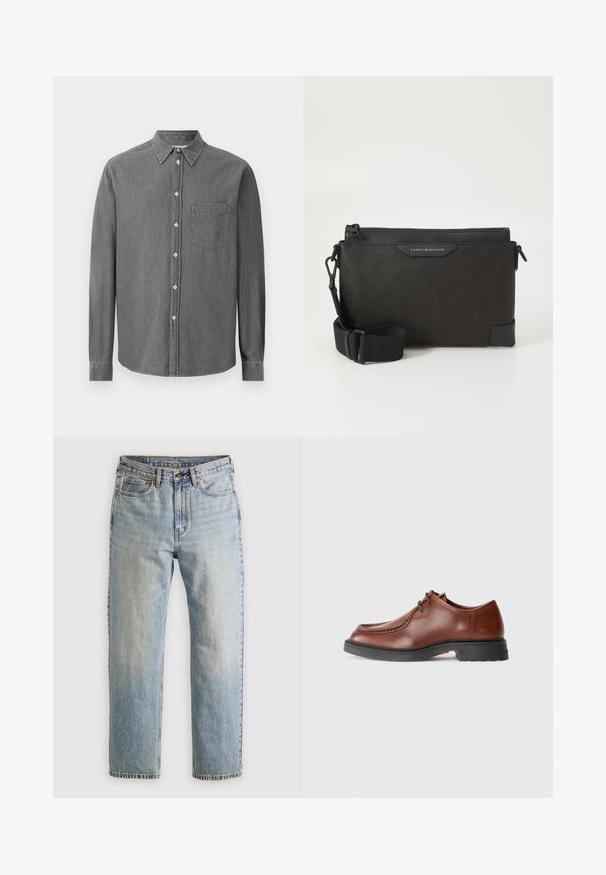 Giacca a vento nera, design trapuntato con cuciture orizzontali, colletto alto, coulisse regolabili e polsini a costine. Texture matte morbida.; Camicia grigia a maniche lunghe con bottoni realizzata in tessuto morbido, caratterizzata da un colletto classico, una tasca sul petto e chiusura con bottoni standard.; Jeans in denim azzurro chiaro con vita alta, bottone anteriore, cerniera e design a cinque tasche, adagiati su uno sfondo neutro.; Scarpa da dress in pelle marrone con punta rotonda, cuciture a contrasto, design con lacci e suola in gomma nera texture.; Borsa a tracolla in pelle nera con finitura testurizzata, dotata di chiusura a zip e tracolla regolabile. Fodera con logo sul davanti. Forma rettangolare.