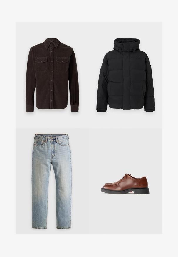 Jachetă puffer neagră, cu un design matlasat și cusături orizontale, guler înalt, șnururi ajustabile și mânșoni cu nervuri. Textură moale și mată.; Cămașă din cord cord cu un guler clasic, mâneci lungi, două buzunare pe piept cu închidere prin buton și țesătură texturată.; Jeans din denim de culoare albastru deschis, cu talie înaltă, nasture frontal, fermoar și design cu cinci buzunare, așezate platesc pe un fundal neutru.; Pantofii de dressing din piele maro, cu vârf rotunjit, cusături contrastante, design cu șireturi și o talpă texturată din cauciuc negru.