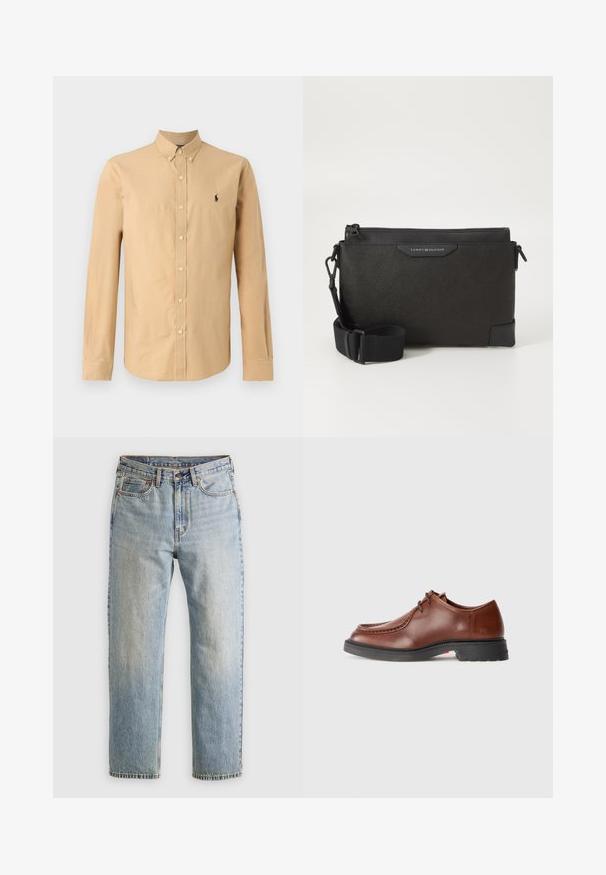 Chaqueta de plumas negra, diseño acolchado con costuras horizontales, cuello alto, cordones ajustables y puños de canalé. Textura suave y mate.; Camisa de botones de manga larga en algodón beige claro. Presenta un cuello en punta y un pequeño logotipo negro en el lado izquierdo del pecho. Textura suave.; Jeans de mezclilla azul claro de cintura alta, con botón frontal, cremallera y diseño de cinco bolsillos, dispuestos sobre un fondo neutro.; Zapato de vestir de cuero marrón con puntera redondeada, costuras en contraste, diseño de cordones y suela texturada de goma negra.; Bolso bandolera de piel negra con acabado texturizado, que cuenta con cierre de cremallera y correa ajustable. Parche con el logotipo en la parte delantera. Forma rectangular.