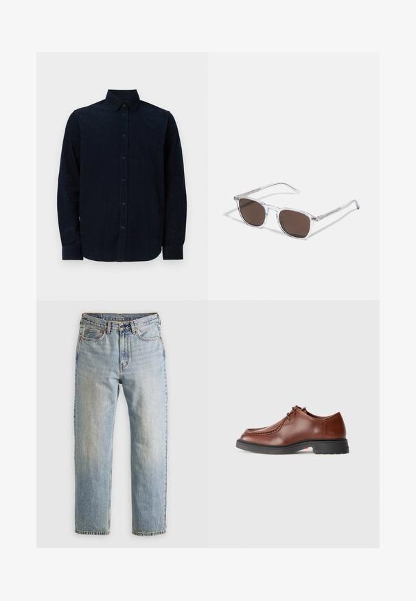 Μαύρο μπουφάν puffer, με επικαλυμμένο σχέδιο και οριζόντιες ραφές, ψηλό γιακά, ρυθμιζόμενα κορδόνια και ραμμένα μανίκια. Μαλακή ματ υφή.; Ναυτικό μπλε μακρυμάνικο πουκάμισο από υφασμένη ύφανση, με κουμπωτή μπροστινή πλευρά, μυτερό γιακά και κουμπωτές μανσέτες.; Ανοιχτού μπλε τζιν παντελόνι με ψηλή μέση, μπροστινό κουμπί, φερμουάρ και σχεδίαση πέντε τσέπες, τοποθετημένο επίπεδα σε ουδέτερο φόντο.; Καφέ δερμάτινο παπούτσι φόρεμα με στρογγυλή μύτη, αντίθεση ραφής, σχέδιο με κορδόνια και υφασμένη μαύρη καουτσούκ σόλα.; Διαφανή πλαστικά γυαλιά ηλίου με ορθογώνιους καφέ φακούς, με λεπτούς, διαφανείς βραχίονες και μεταλλικές λεπτομέρειες στους βραχίονες.