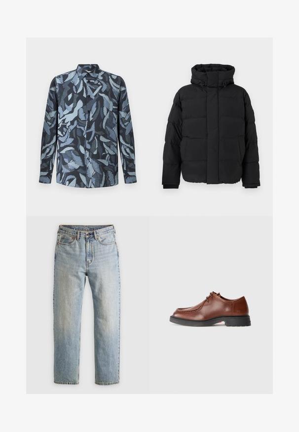 Zwarte gewatteerde jas, gestikt ontwerp met horizontale naden, hoge kraag, verstelbare trekkoorden en geribbelde manchetten. Zachte matte textuur.; Langemouwen shirt van zachte stof met een donkerblauwe basis en abstracte lichtblauwe blaadjespatronen, knoopsluiting aan de voorkant en een kraag.; Lichtblauwe denim jeans met hoge taille, frontknop, rits en vijfzakkenontwerp, plat gelegd op een neutrale achtergrond.; Bruine leren dresschoen met een ronde neus, contrasterende stiksels, vetersluiting en een gestructureerde zwarte rubberen zool.