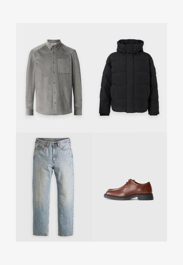 Jachetă puffer neagră, cu un design matlasat și cusături orizontale, guler înalt, șnururi ajustabile și mânșoni cu nervuri. Textură moale și mată.; Cămașă din corduroy gri cu mânecă lungă, dotată cu un buzunar frontal, guler cu nasturi și textură verticală din nervuri; Croială standard cu închidere cu nasturi.; Jeans din denim de culoare albastru deschis, cu talie înaltă, nasture frontal, fermoar și design cu cinci buzunare, așezate platesc pe un fundal neutru.; Pantofii de dressing din piele maro, cu vârf rotunjit, cusături contrastante, design cu șireturi și o talpă texturată din cauciuc negru.