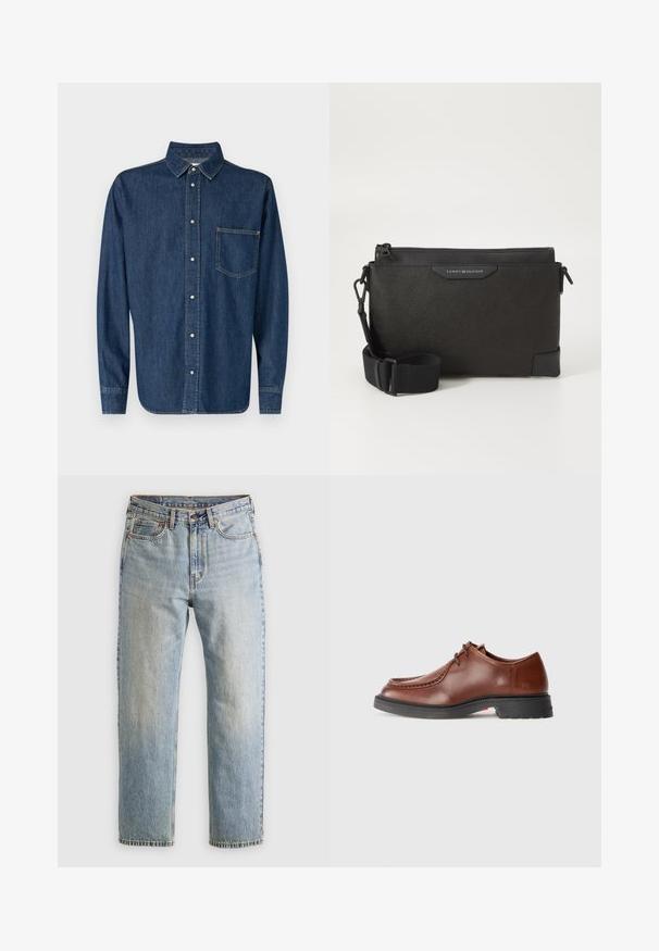 Black puffer jacket, quilted design with horizontal seams, high collar, adjustable drawstrings, and ribbed cuffs. Soft matte texture.; Dark blue denim shirt with long sleeves, button-up front, and single chest pocket. Features a classic collar and straight hem.; Light blue denim jeans with high waist, front button, zipper, and five-pocket design, laid flat on a neutral background.; Brown leather dress shoe with a rounded toe, contrasting stitching, lace-up design, and a textured black rubber sole.; Black leather crossbody bag with a textured finish, featuring a zip closure and adjustable strap. Logo patch on the front. Rectangular shape.