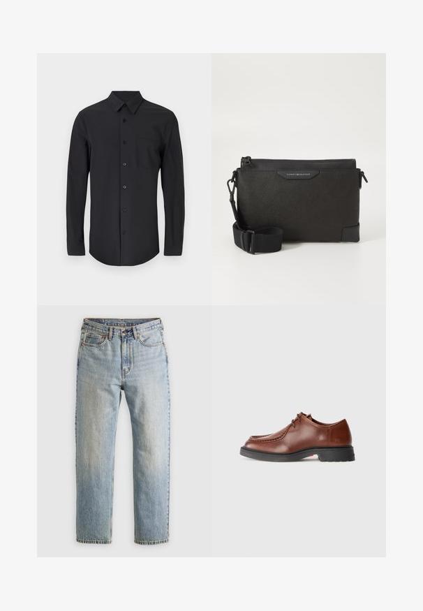 Μαύρο μπουφάν puffer, με επικαλυμμένο σχέδιο και οριζόντιες ραφές, ψηλό γιακά, ρυθμιζόμενα κορδόνια και ραμμένα μανίκια. Μαλακή ματ υφή.; Μαύρο μακρυμάνικο πουκάμισο σε λεία ύφανση με κλασικό γιακά, κλείσιμο με κουμπιά και τσέπη στο αριστερό μέρος.; Ανοιχτού μπλε τζιν παντελόνι με ψηλή μέση, μπροστινό κουμπί, φερμουάρ και σχεδίαση πέντε τσέπες, τοποθετημένο επίπεδα σε ουδέτερο φόντο.; Καφέ δερμάτινο παπούτσι φόρεμα με στρογγυλή μύτη, αντίθεση ραφής, σχέδιο με κορδόνια και υφασμένη μαύρη καουτσούκ σόλα.; Μαύρη δερμάτινη τσάντα χιαστί με υφή, που διαθέτει κλείσιμο με φερμουάρ και ρυθμιζόμενο λουρί. Λογότυπο στη μπροστινή πλευρά. Ορθογώνιο σχήμα.