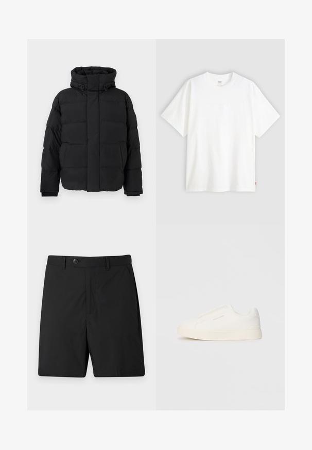 Casaco puffer preto, design acolchoado com costuras horizontais, gola alta, cordões ajustáveis e punhos canelados. Textura mate suave.; T-shirt branca de manga curta, feita de algodão, com decote redondo. Apresenta um discreto detalhe de logotipo em relevo na frente e uma etiqueta vermelha na bainha.; Calções pretos feitos de tecido leve, com fecho de botão, dois bolsos laterais e um corte reto. Textura suave e design simples.; Sapatilhas brancas de atacar com uma superfície texturizada, sola grossa e design minimalista. Possui o logo da marca na lateral.