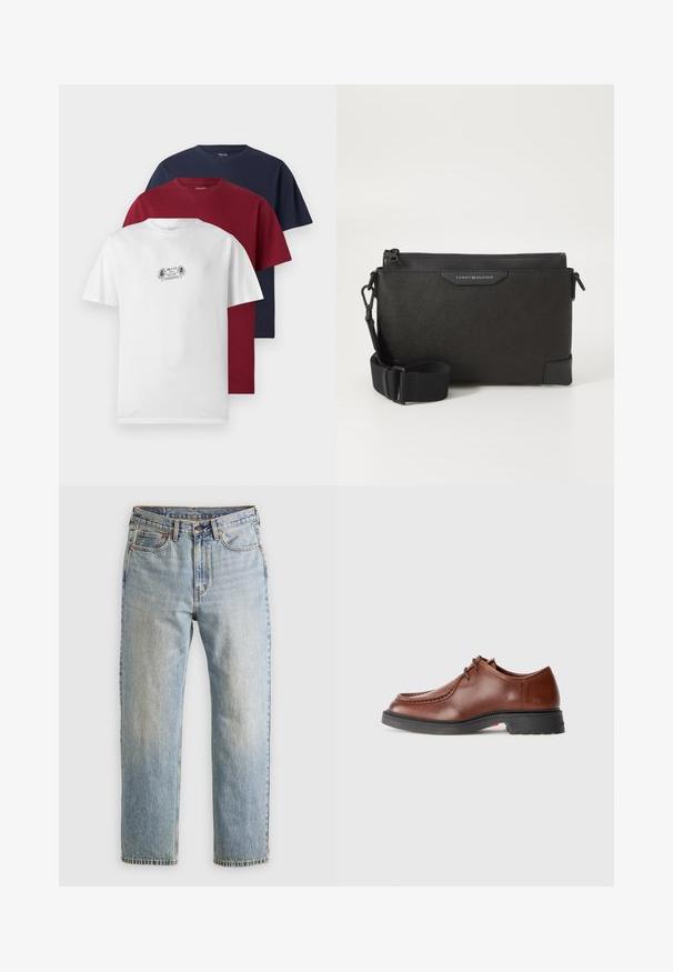 Crna jakna od puf materijala, s kvadratnim dizajnom i horizontalnim šavovima, visokim ovratnikom, podesivim uvezenim trakama i rebrastim rukavima. Mekana mat tekstura.; Tri kratka rukava majice u bijeloj, burgundijskoj i mornarskoj boji. Svaka ima okrugli izrez i meki pamučni materijal, a bijela majica prikazuje mali grafički dizajn.; Svijetloplave traperice visoki struk, prednji gumb, zatvarač i dizajn s pet džepova, položene ravno na neutralnoj pozadini.; Smeđe kožne cipele za svečane prilike s okruglim vrhom, kontrastnim šavovima, vezanjem i teksturiranom crnom gumenom podlogom.; Crna kožna tašna preko tijela s teksturiranom površinom, sa zatvaranjem na munju i podesivim remenom. Logotip na prednjoj strani. Pravokutnog oblika.