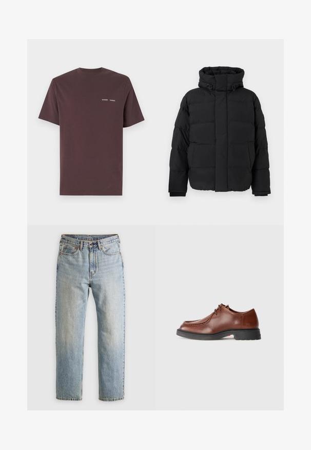 Svart puffjacka, quiltad design med horisontella sömmar, hög krage, justerbara dragband och ribbat fåll. Mjuk matt yta.; Burgunderfärgad bomulls t-shirt med korta ärmar och rundad halsringning, med varumärket "Samsoe Samsoe" tryckt i vitt på bröstet.; Ljusblå denimjeans med hög midja, framknäppning, dragkedja och femficksdesign, placerade platt på en neutral bakgrund.; Bruna läderskor med rund tå, kontrasterande sömmar, snördesign och en strukturerad svart gummisula.