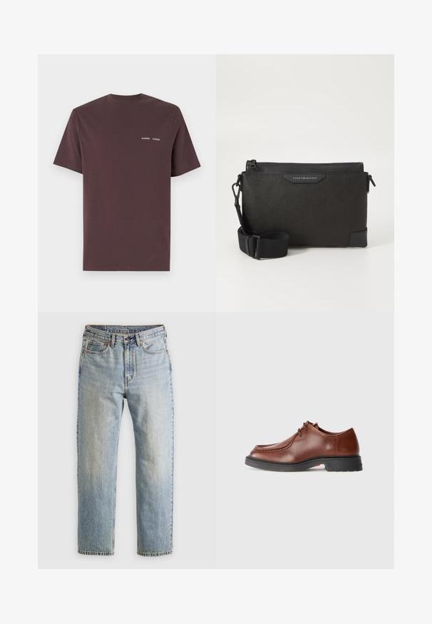 Crna jakna od puf materijala, s kvadratnim dizajnom i horizontalnim šavovima, visokim ovratnikom, podesivim uvezenim trakama i rebrastim rukavima. Mekana mat tekstura.; Burgundska pamučna majica s kratkim rukavima i okruglim izrezom, s nazivom branda "Samsoe Samsoe" otisnutim bijelo na prsima.; Svijetloplave traperice visoki struk, prednji gumb, zatvarač i dizajn s pet džepova, položene ravno na neutralnoj pozadini.; Smeđe kožne cipele za svečane prilike s okruglim vrhom, kontrastnim šavovima, vezanjem i teksturiranom crnom gumenom podlogom.; Crna kožna tašna preko tijela s teksturiranom površinom, sa zatvaranjem na munju i podesivim remenom. Logotip na prednjoj strani. Pravokutnog oblika.