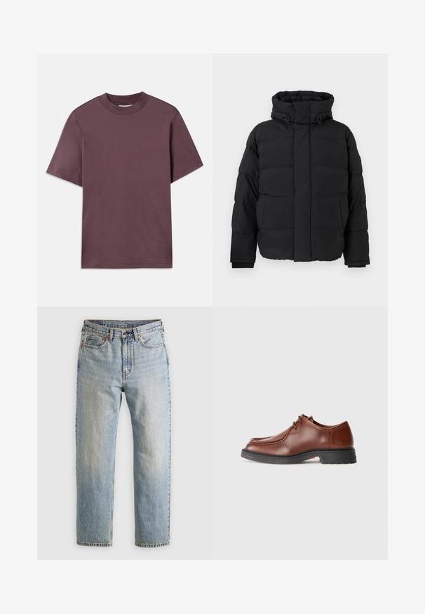 Black puffer jacket, quilted design with horizontal seams, high collar, adjustable drawstrings, and ribbed cuffs. Soft matte texture.; Short-sleeve, crew neck t-shirt in dark mauve, made of soft cotton. Features minimal branding in matching color on the front.; Light blue denim jeans with high waist, front button, zipper, and five-pocket design, laid flat on a neutral background.; Brown leather dress shoe with a rounded toe, contrasting stitching, lace-up design, and a textured black rubber sole.