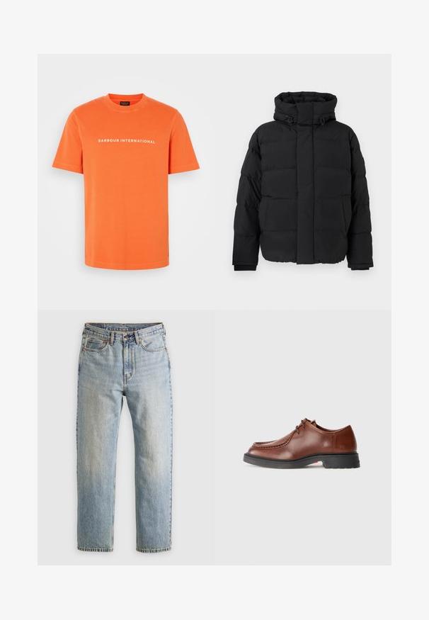 Fekete pufi kabát, steppelt kialakítással, vízszintes varrásokkal, magas nyakkal, állítható zsinórokkal és bordás mandzsettákkal. Puha matt textúra.; Narancssárga pamut póló kerek nyakkivágással és rövid ujjakkal. Az elején fehér felirat található, amely "BARBOUR INTERNATIONAL" szöveget olvasható.; Világoskék farmernadrág magas derékkal, elülső gombbal, cipzárral és öt zsebbel, sima háttérre fektetve.; Barna bőr dresszcipő lekerekített orral, kontrasztos varrással, fűzős kialakítással és texturált fekete gumitalppal.