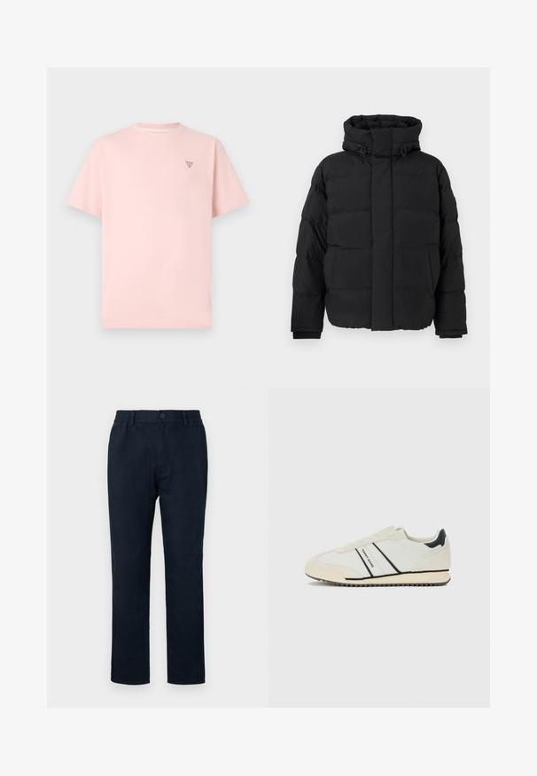 Melnā pūkainā jaka, ar quiltējumu un horizontālām šuvēm, augsts apkakle, regulējamas saites un ribota apakšdaļa. Mīksta matēta tekstūra.; Gaiši rozā īsām piedurknēm T-krekls, kas izgatavots no kokvilnas. Uz krūtinēm ir neliels trīsstūris logos. Klasisks apaļš kakla izgriezums, brīva piegriezuma.; Jūras flotes chinos ar elastīgu jostasvietu, priekšējo pogu aizdari un taisnu kāju dizainu. Gluda tekstūra bez redzamām rakstu struktūrām.; Baltas ikdienas sneakers ar melniem akcentiem un "TOMMY JEANS" zīmolu sānos, plakans zole ar rievotu apakšu un aukļu dizains.