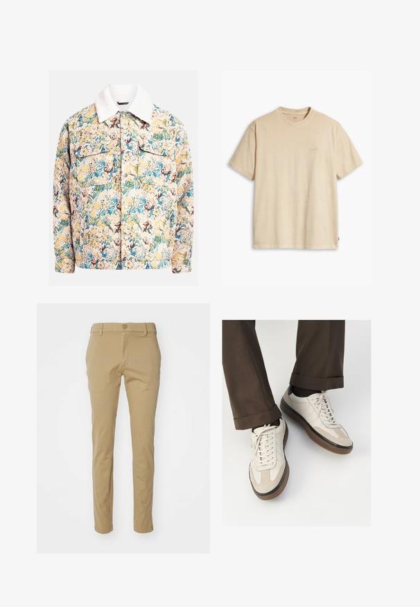 Lillelõikega lillemustriga jakk, mis on valmistatud tekstuuriga kangast. Jakk on sinise, kollase japruunide tooni, sellel on valgest villast krae ja kaks esipoolset taskut.; Beige puuvillane T-särk ümmarguse kaeluse ja lühikeste varrukatega. Rinnal on peene "Levi's" logo samas värvis. Pehme tekstuur.; Khaki püksid, mis on valmistatud kerge puuvilla materjalist, slim-fit disainiga, sujuva tekstuuri ja tavalise vöökohtadega, millel on ülemine nupp.; Bežid spordijalised, millel on tekstuuriga suede esiosa, siledast nahast küljed ja pruun kummitald. Lisatud on paelad ja heledad õmbluse detailid.