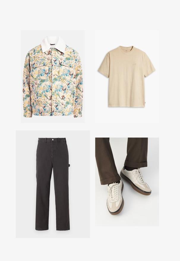 Virágmintás dzseki textúrált anyagból, kék, sárga és barna árnyalatokkal, fehér bolyhos gallérral és két elülső zsebbel.; Beige pamut póló kerek nyakkal és rövid ujjakkal. Az elülső részen, ugyanabban a színben, egy diszkrét "Levi's" logó található. Puha tapintású.; Sötétszürke pamut nadrág egyenes szárú kialakítással, elöl gombos záródással és oldalsó zsebekkel, tartós anyagból készült.; Beige sportcipők, texturált velúr elülső résszel, sima bőr oldalakkal és barna gumitalppal. Fűzők és világos varrási részletek is megtalálhatók.
