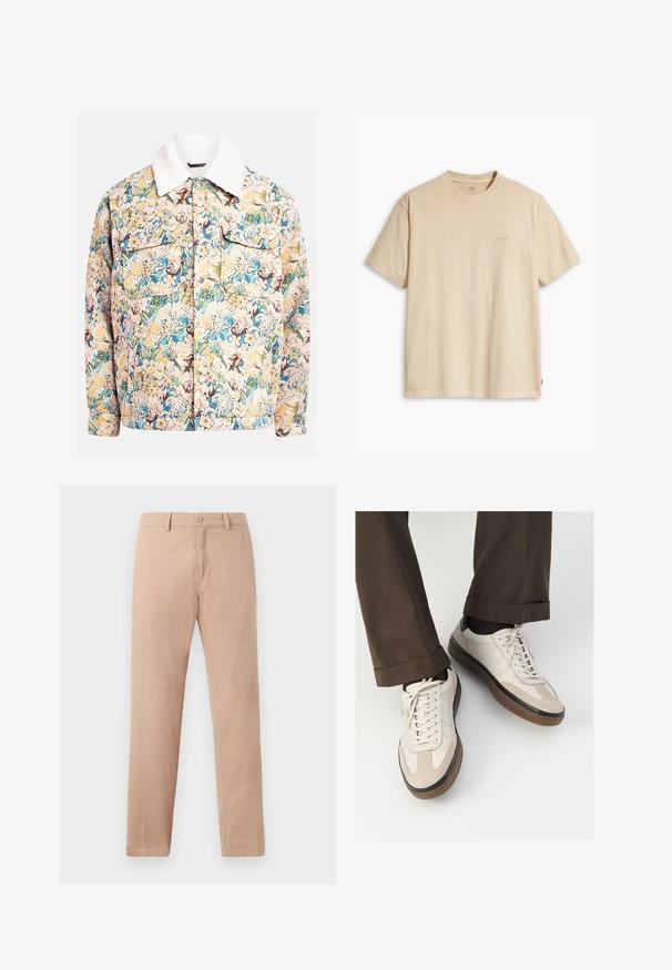 Blazer mit Blumenmuster aus strukturiertem Stoff, in Blau-, Gelb- und Brauntönen, mit einem weißen Fleecepulloverkragen und zwei vorderen Taschen.; Beige Baumwoll-T-Shirt mit Rundhalsausschnitt und kurzen Ärmeln. Verfügt über ein dezentes "Levi's"-Logo in der gleichen Farbe auf der Brust. Weiche Textur.; Beige, gerade geschnittene Hose aus Baumwollstoff. Mit Knopfverschluss und Gürtelschlaufen. Glatte Textur mit minimalistischem Design.; Beige Sneakers mit einer strukturierten Wildlederfront, glatten Lederseiten und einer braunen Gummisohle. Bändel und helle Nähdetails sind enthalten.