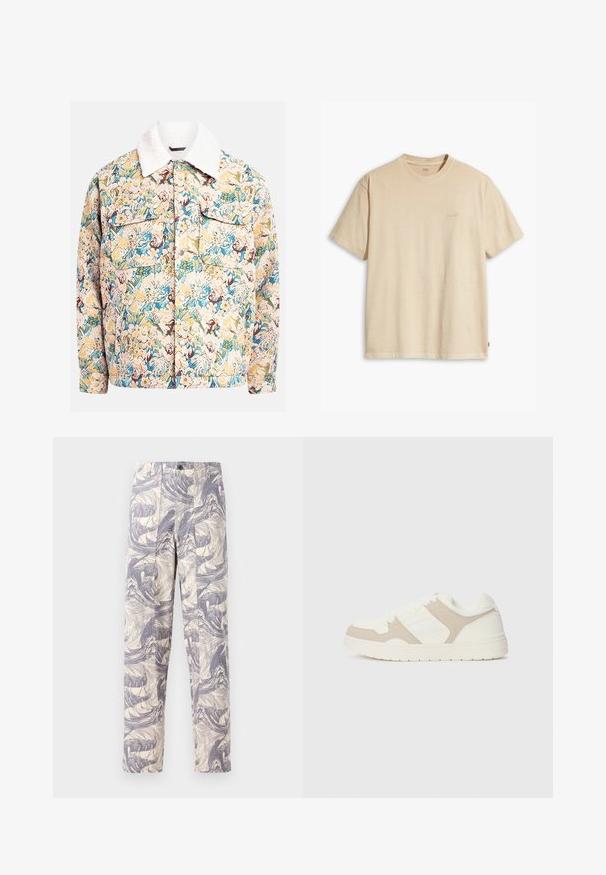 Kurtka w kwiatowy wzór, wykonana z teksturowanej tkaniny, w odcieniach niebieskiego, żółtego i brązowego, z białym kołnierzem z polaru i dwiema przednimi kieszeniami.; Beżowa bawełniana koszulka z okrągłym dekoltem i krótkimi rękawami. Ma subtelne logo "Levi's" w tym samym kolorze na piersi. Miękka w dotyku.; Lekkie, kremowe spodnie z niebieskim, abstrakcyjnym wzorem fal. Mają prosty krój, dwa fałdy z przodu oraz zapięcie na guzik.; Białe i beżowe sneakersy z połączeniem gładkich i zamszowych faktur, okrągłym noskiem, sznurowanym zapięciem oraz płaską gumową podeszwą.
