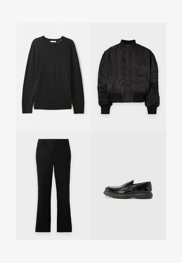Black bomber jacket with a high collar, puffed sleeves, ribbed cuffs and waistband, and a smooth satin finish. Features side pockets.; Black long-sleeve sweater made from a lightweight knit fabric. Features a crew neckline and ribbed cuffs and hem. No patterns or embellishments.; Black flared trousers made of cotton blend fabric, featuring a button closure, belt loops, and a smooth texture with no visible patterns.; Black leather loafer with a glossy finish, rounded toe, subtle stitching details, and a thick rubber sole for durability.