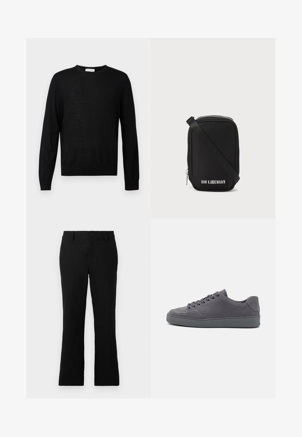 Svart bomberjacka med hög krage, puffade ärmar, ribbade muddar och midjeband samt en slät satinfinish. Har sidofickor.; Svart långärmad tröja tillverkad av mjukt material, har rund halsringning, ribbade muddarna och rak nederkant. Minimalistisk design, inga mönster.; Svarta utsvängda byxor i bomullsblandning, med knappstängning, bälteshällor och en mjuk textur utan synliga mönster.; Grå mockasinsneakers med lågt skaft, rund tå, snörning framtill och strukturerad gummisula. Minimalistisk stil med subtil logotyp på hälen.; Svart väska med rektangulär form, tillverkad av slätt material. Har en dragkedja upptill, justerbar rem och vit text: "HAN KJØBENHAVN."
