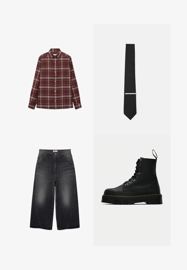 Musta bomber-takki, jossa on korkea kaulus, pussitetut hihat, resorit hihansuissa ja helmassa sekä sileä satiinipinta. Takissa on sivutaskut.; Burgundin värinen ruudullinen paita pitkähihaisilla hihoilla, nappisuljenta edessä ja rintatasku. Sisältää valkoisia ja keltaisia raitoja ruutukuosissa.; PULL&BEAR MEGA BAGGY - Baggy-farkut - black; Musta nahkainen nauhakenkä ankle boot, jossa on paksu, teksturoitu kumipohja ja keltainen ompelu yksityiskohtana alapuolella.; Musta solmio, joka on valmistettu sileästä kankaasta, kapealla leikkauksella ja hopeisella solmionsiteellä, joka korostaa sen muotoilua.