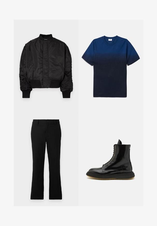 Melna bombers jaka ar augstu apkakli, uzpūstām piedurknēm, ribotām aprocēm un jostasvietu, kā arī gludu satīna apdari. Ir sānu kabatas.; Tums zila kokvilnas T-kreklu ar apaļu kaklu, īsām piedurknēm un izsmalcinātu gradientu dizainu, kas pāriet no gaišākām uz tumšākām nokrāsām.; Melni plati bikses, izgatavotas no kokvilnas sajaukuma auduma, ar pogu aizdari, jostas cilpām un gludu tekstūru, bez redzamām rakstām.; The Antipode BOOT - Šņorējami puszābaki - black