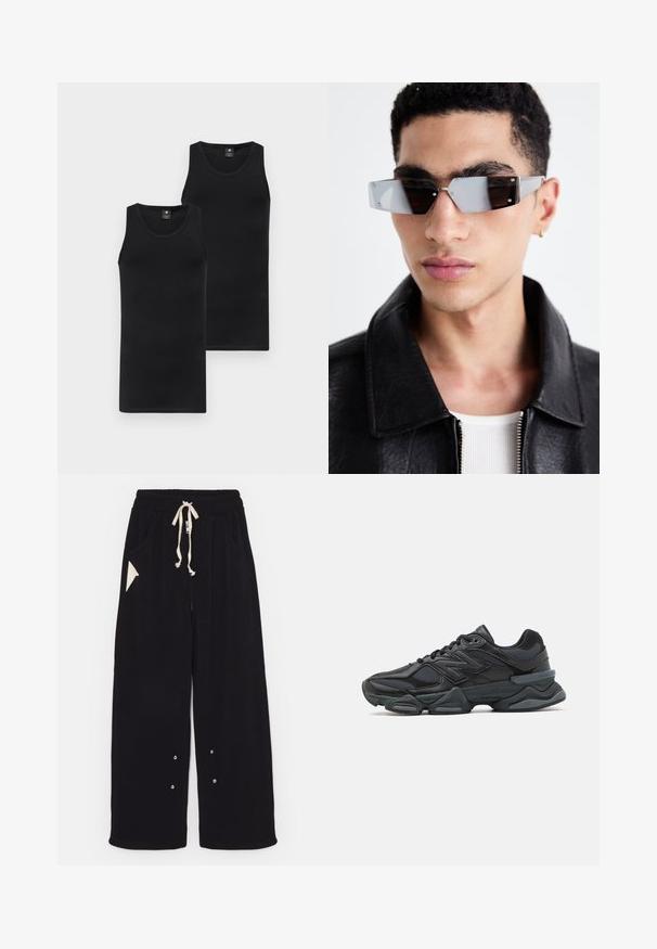 Giacca bomber nera con colletto alto, maniche a sbuffo, polsini e orlo a costine, e una finitura in raso liscia. Dotata di tasche laterali.; Due magliette senza maniche nere; design aderente, collo rotondo, texture liscia, realizzate in tessuto elasticizzato; entrambe con un logo del marchio discreto sul davanti.; Pantaloni neri a gamba larga realizzati in un morbido tessuto, con vita regolabile tramite cordino, tasche laterali e una tasca accentuata triangolare. Include dettagli in hardware argentato.; Scarpa da corsa nera con una combinazione di materiali in rete e sintetici, suola spessa, design curvo e marchio ben visibile sul lato.; Occhiali da sole angolari con tonalità grigia e hardware in argento, su uno sfondo chiaro. Le lenti presentano una forma geometrica unica.