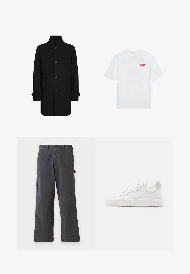 Black wool blend coat with high collar, front button closure, two side pockets, and one chest pocket. Features cuff detailing at sleeves.; White cotton t-shirt featuring short sleeves, crew neck, and a red graphic text "DELICIOUS REFRESHING FRUIT" on the front.; Dark gray, straight-leg pants made of cotton. Features belt loops, a button closure, and side pockets for utility. Soft, textured finish.; White leather sneakers with a smooth finish, rounded toe, flat laces, and a textured sole. Grey suede accent at the heel.