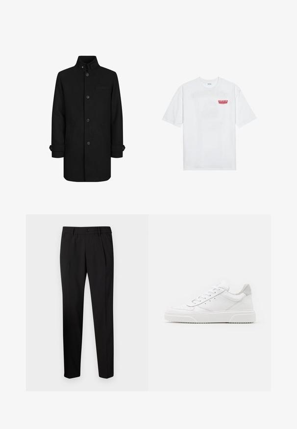 Schwarzer Wollmischungs-Mantel mit hohem Kragen, Frontknopfverschluss, zwei Seitentaschen und einer Brusttasche. Mit Detailverarbeitung an den Ärmeln.; Weißes Baumwoll-T-Shirt mit kurzen Ärmeln, Rundhalsausschnitt und einem roten grafischen Text "LECKERER ERFRISCHENDER FRUCHT" auf der Vorderseite.; Schwarze maßgeschneiderte Hose mit geradem Schnitt, ausgestattet mit einem elastischen Bund, einem einzigen Knopfverschluss und zwei vorderen Falten für zusätzliche Details.; Weiße Leder-Sneaker mit glatter Oberfläche, rundem Zehenbereich, flachen Schnürsenkeln und strukturiertem Schuhsohlen. Graues Wildleder-Detail an der Ferse.