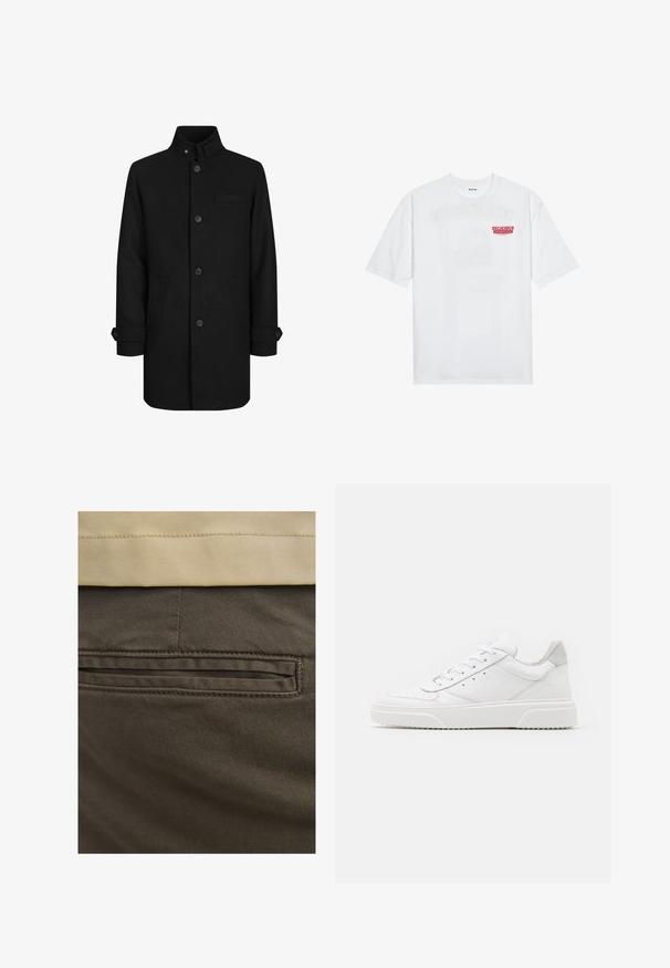 Schwarzer Wollmischungs-Mantel mit hohem Kragen, Frontknopfverschluss, zwei Seitentaschen und einer Brusttasche. Mit Detailverarbeitung an den Ärmeln.; Weißes Baumwoll-T-Shirt mit kurzen Ärmeln, Rundhalsausschnitt und einem roten grafischen Text "LECKERER ERFRISCHENDER FRUCHT" auf der Vorderseite.; Braune Baumwollhosen mit sichtbarem Gesäßtaschenfeature, akzentuiert durch subtile Nähte und einer glatten Textur. Der Bund ist in einem kontrastierenden Beige.; Weiße Leder-Sneaker mit glatter Oberfläche, rundem Zehenbereich, flachen Schnürsenkeln und strukturiertem Schuhsohlen. Graues Wildleder-Detail an der Ferse.