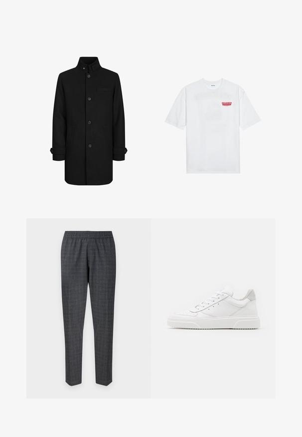 Juodos vilnos mišinio paltas su aukštu apykakle, priekyje su mygtukų uždarymu, dviem šoninėmis kišenėmis ir viena krūtinės kišenė. Rankovėse yra mygtukų detalizacija.; Balta medvilninė marškinėliai su trumpomis rankovėmis, apvaliu iškirpimu ir raudonu grafiniu tekstu "SKANI PAŽADINTI VAIŠIUS" priekyje.; Pilkos langelinės kelnės su elastingu juosmeniu ir siaurėjančiomis kojomis, pagamintos iš tekstūruoto audinio su subtiliu raštu.; Balti odiniai sportbačiai su lygiu paviršiumi, apvaliu pirštu, plokščiomis raištelėmis ir struktūrizuota padu. Pilko zimšo akcentas ant kulno.