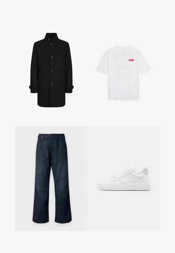 Juodos vilnos mišinio paltas su aukštu apykakle, priekyje su mygtukų uždarymu, dviem šoninėmis kišenėmis ir viena krūtinės kišenė. Rankovėse yra mygtukų detalizacija.; Balta medvilninė marškinėliai su trumpomis rankovėmis, apvaliu iškirpimu ir raudonu grafiniu tekstu "SKANI PAŽADINTI VAIŠIUS" priekyje.; Tamsiai mėlynos plačios kojų džinsai iš džinsinio audinio, turintys sustiprintas kelius uždengiančias dalis, klasikinį penkių kišenių dizainą ir akcentuojančius siuvinėjimus.; Balti odiniai sportbačiai su lygiu paviršiumi, apvaliu pirštu, plokščiomis raištelėmis ir struktūrizuota padu. Pilko zimšo akcentas ant kulno.